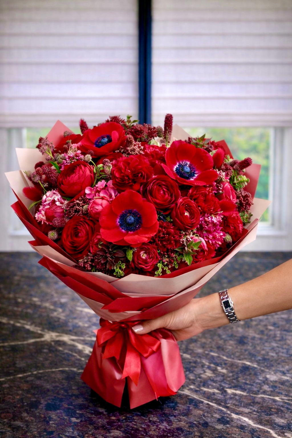 Crimson Passion - Premium Wrapped Red Rose & Anemone Bouquet