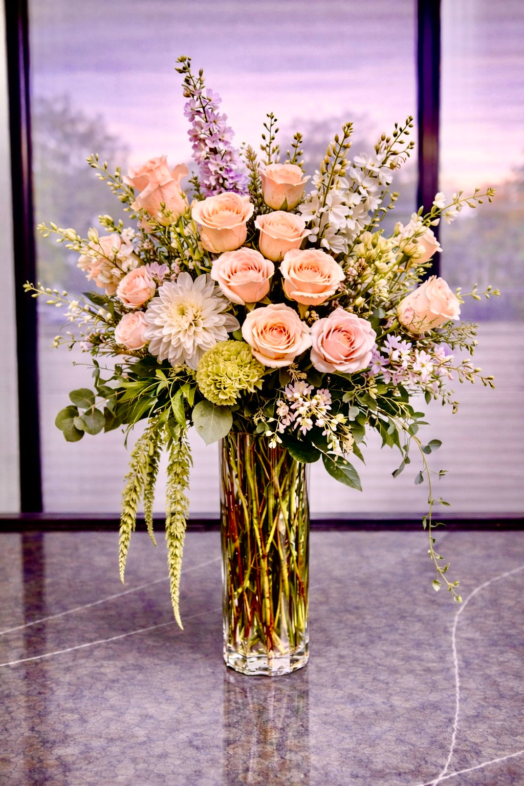 Spring Whisper - Premium Peach Rose & Delphinium Bouquet