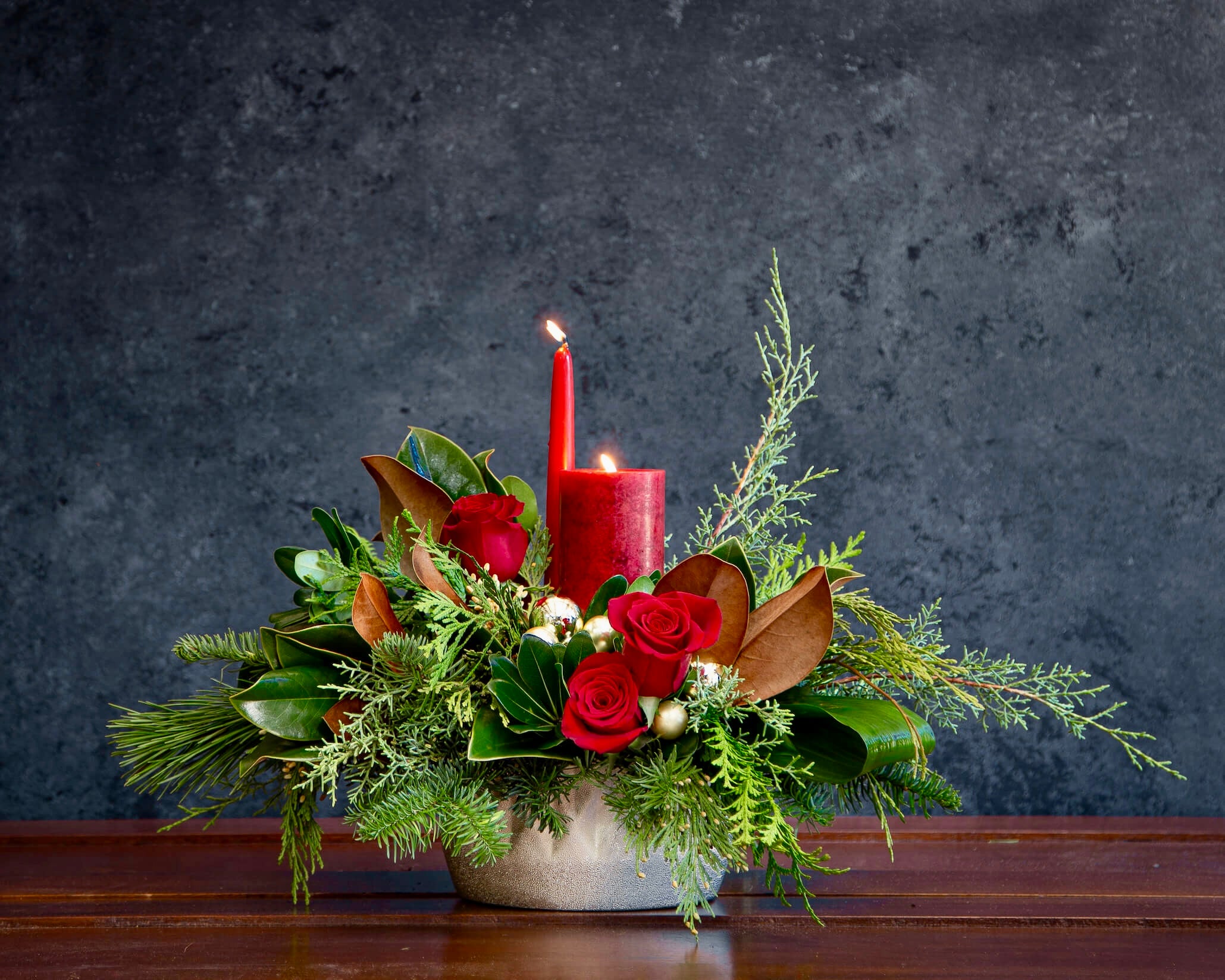Holiday Centerpiece with Red Candle