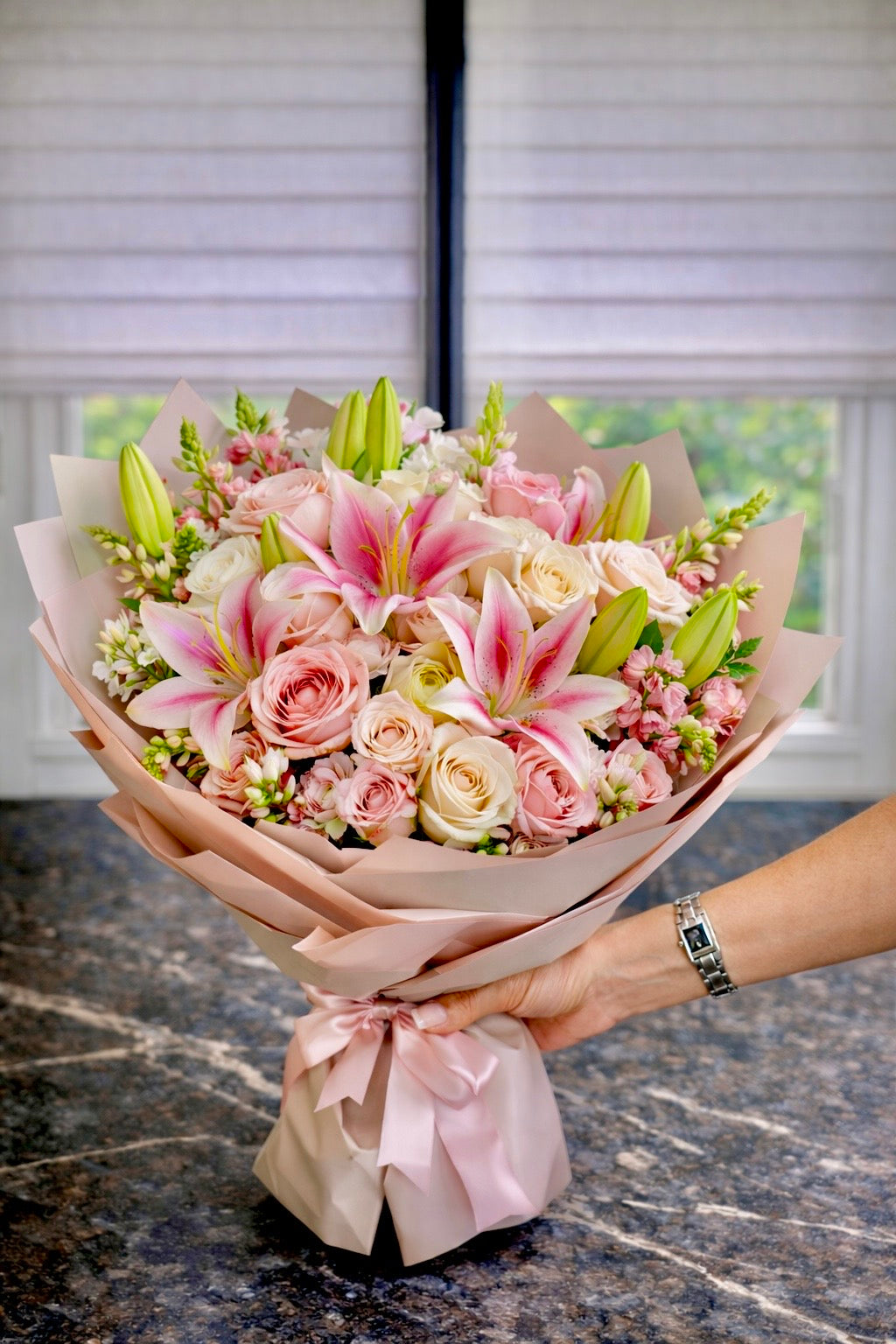 Pink Perfection - Premium Wrapped Lily & Rose Bouquet
