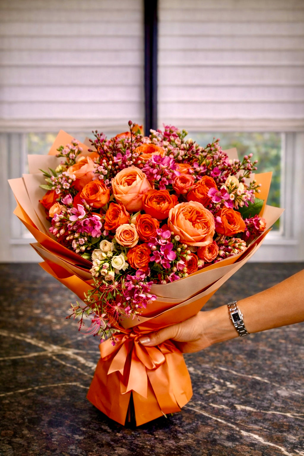Sunset Glow - Premium Wrapped Orange Rose Bouquet