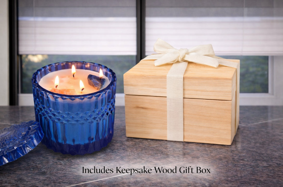 Healing Crystal Candle - Tiki Beach with Citrine & Lapis Lazuli