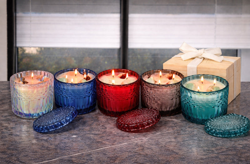 Healing Crystal Candle - Tiki Beach with Citrine & Lapis Lazuli